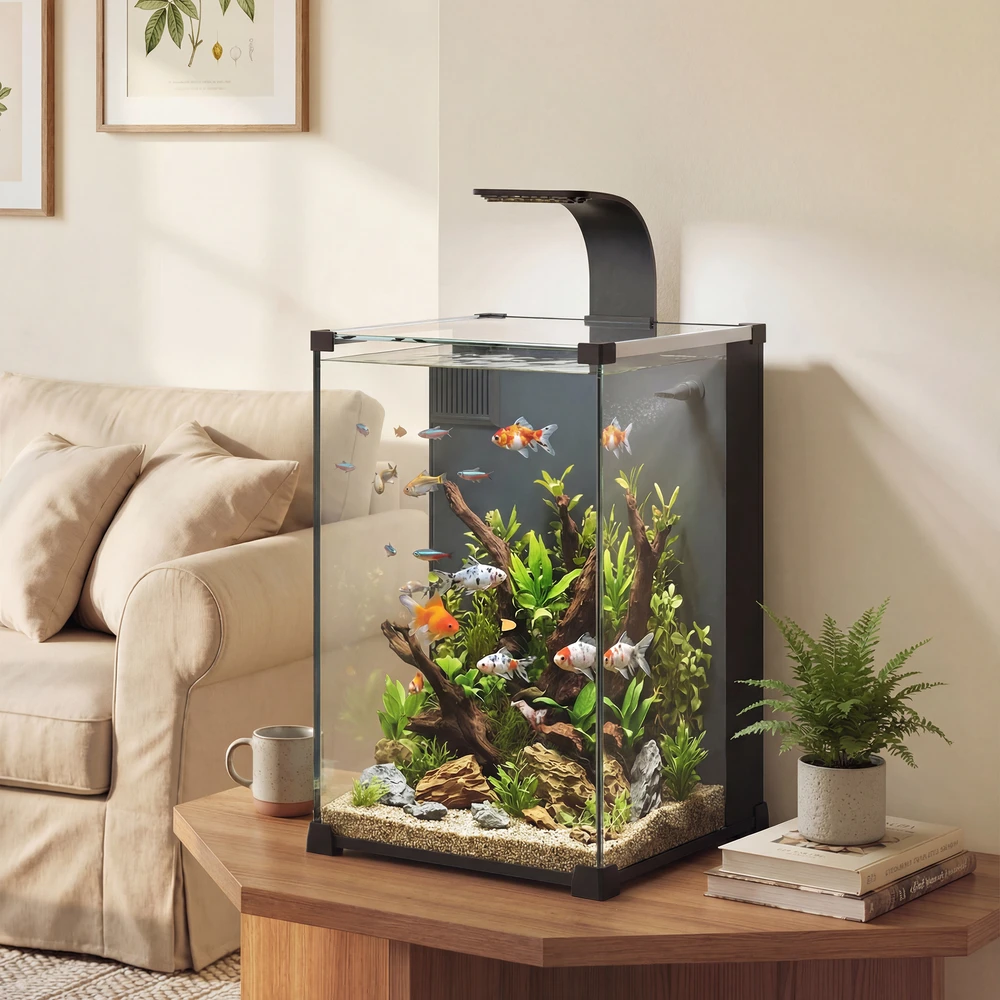 Aosom 36 l akvariumo komplektas, nano akvariumas su LED apšvietimu, filtravimo sistema ir siurbliu, juodas, 30 x 30 x 45,5 cm