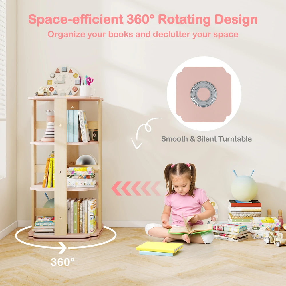 Promotion 360° besisukantis 3 lygio vaikų knygų stovas su 12 skyrių, rožinis