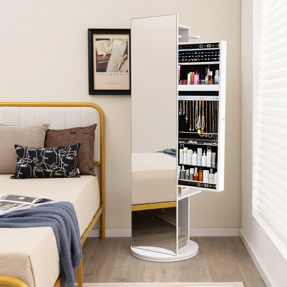 Promotion 360° Sukiojamas Papuošalų Spinta su Veidrodžiu Balta
