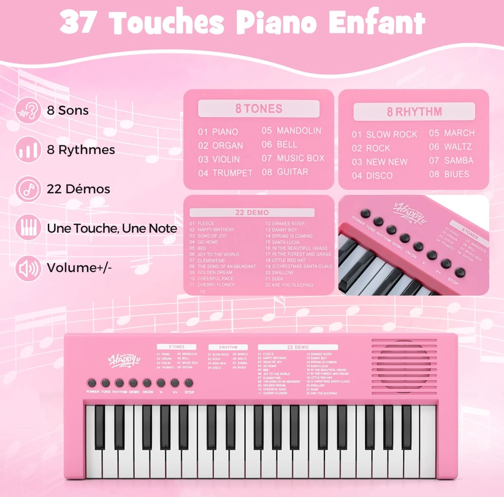 Promotion 37 klavišų vaikų pianinas su mikrofonu, rožinis