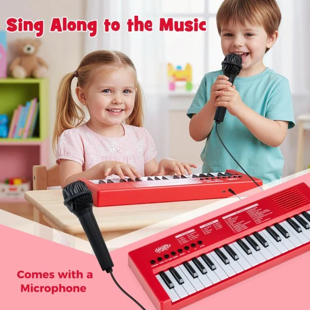 Promotion 37 klavišų vaikų pianinas su mikrofonu, raudonas
