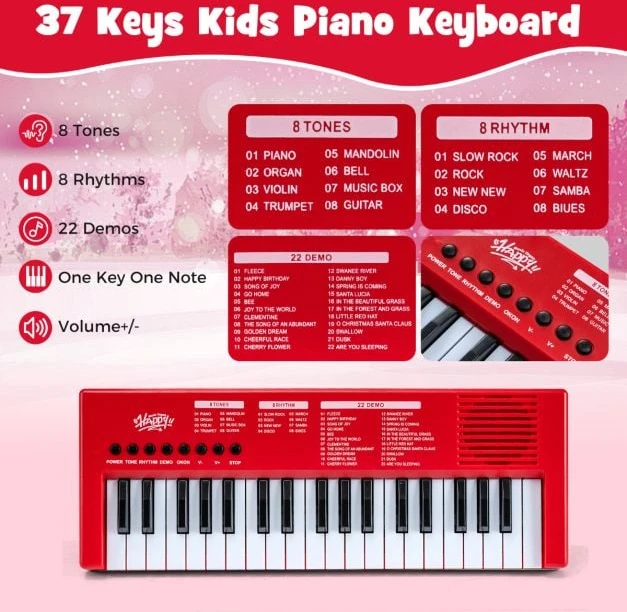 Promotion 37 klavišų vaikų pianinas su mikrofonu, raudonas