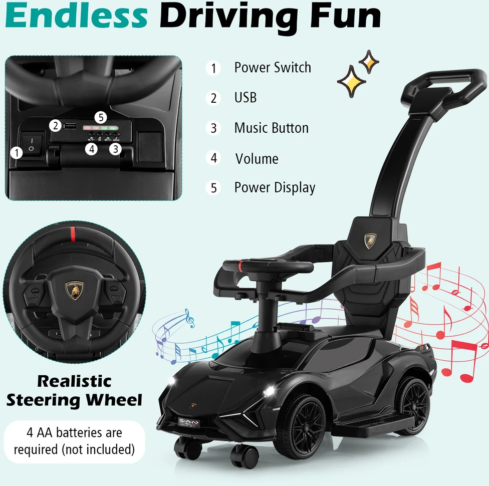 Promotion 3in1 Lamborghini vaikščiojimo žaislas vežimėlis - juodas