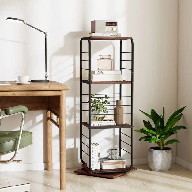 Promotion 4 Aukštų 360° Sukamas Knygų Lentynos Bokštas, Rudas