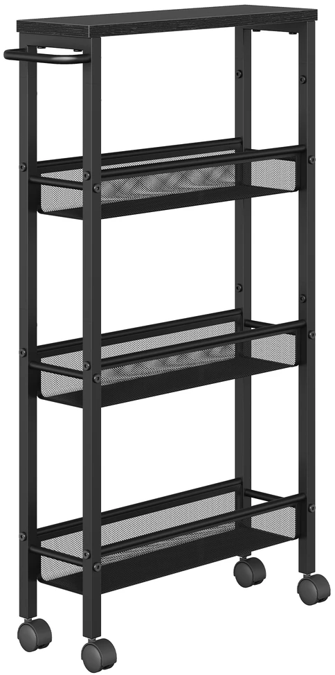 Koduva 4 aukštų siauras virtuvinis vežimėlis su ratukais, plienas, 13 x 45,4 x 77 cm, juodas