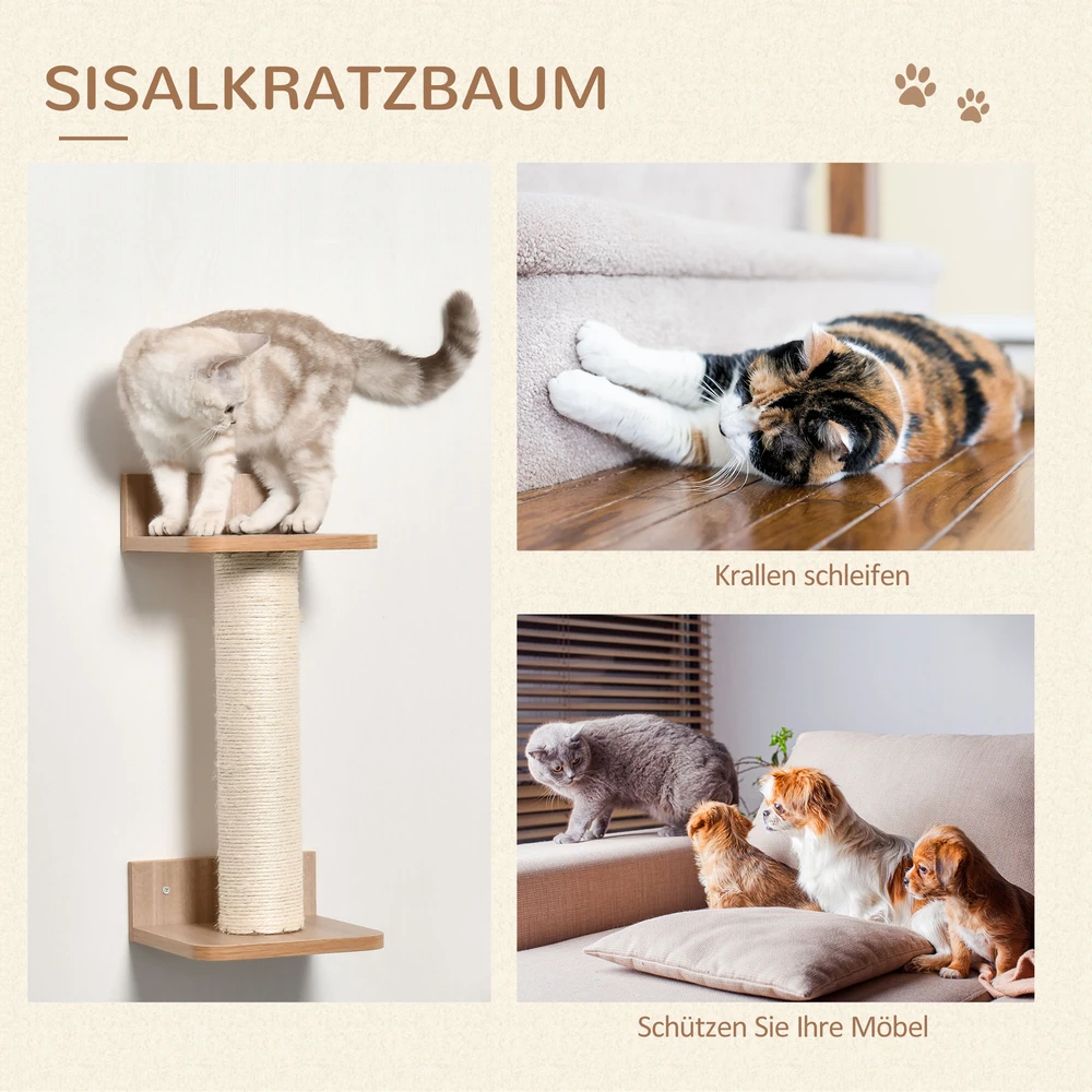 Aosom 4 dalių kačių sieninė lipimo sistema, šviesiai ruda, iki 5kg