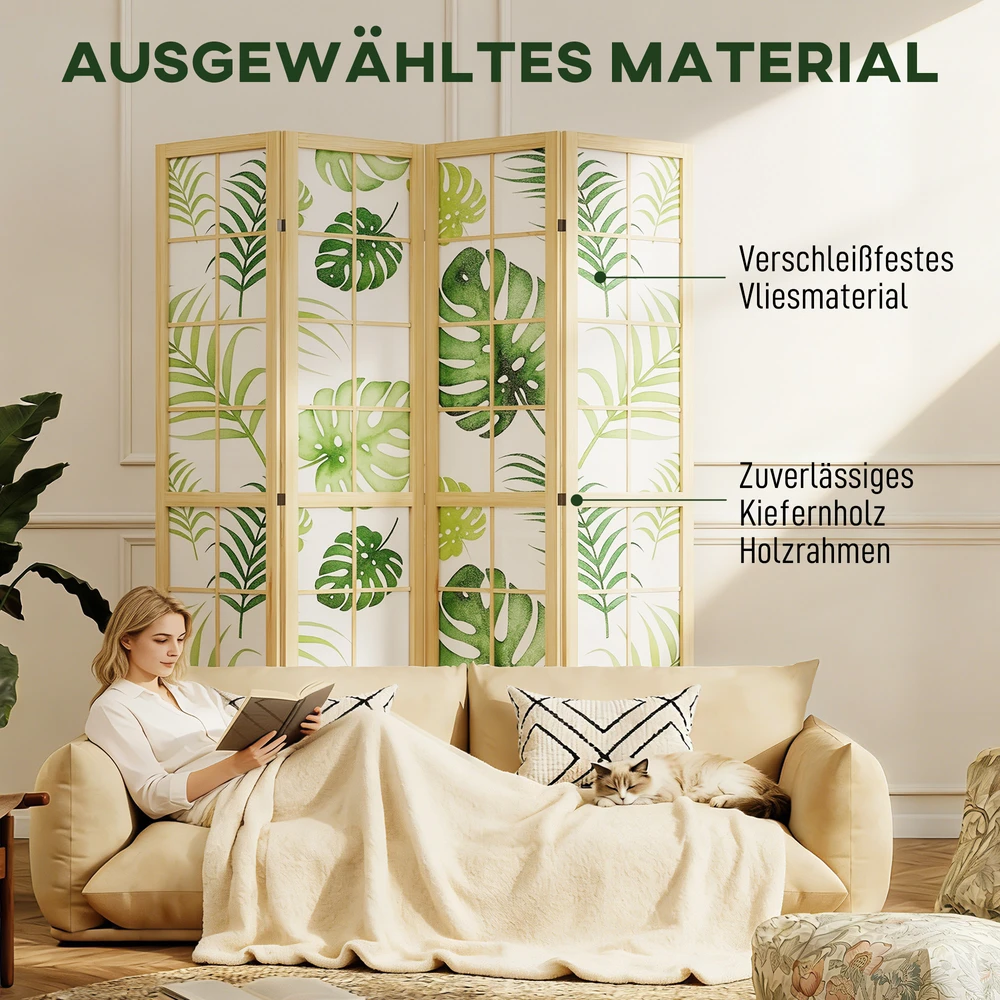 Aosom 4 dalių kambario pertvara, sulankstoma, boho stiliaus, tropinis motyvas, pastatomas kambario skirstytuvas, medinis rėmas, žalia
