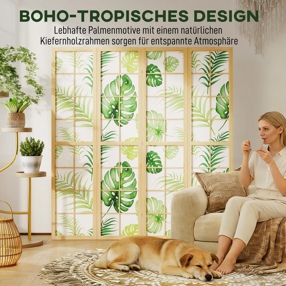 Aosom 4 dalių kambario pertvara, sulankstoma, boho stiliaus, tropinis motyvas, pastatomas kambario skirstytuvas, medinis rėmas, žalia