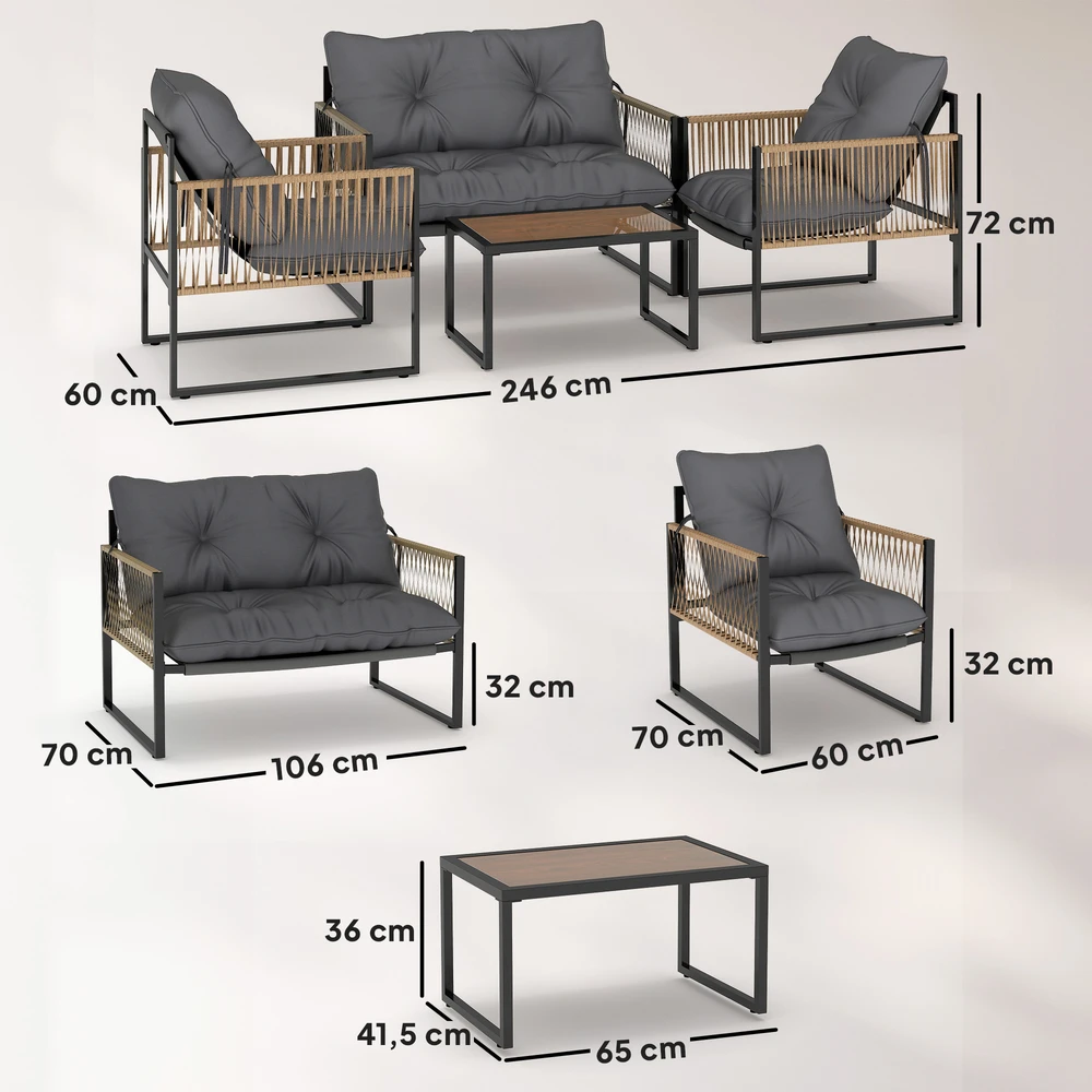 Aosom 4 dalių lauko baldų komplektas, sofa, 2 kėdės, staliukas su stiklo stalviršiu, metalo rėmas, PE ротangas, antracito