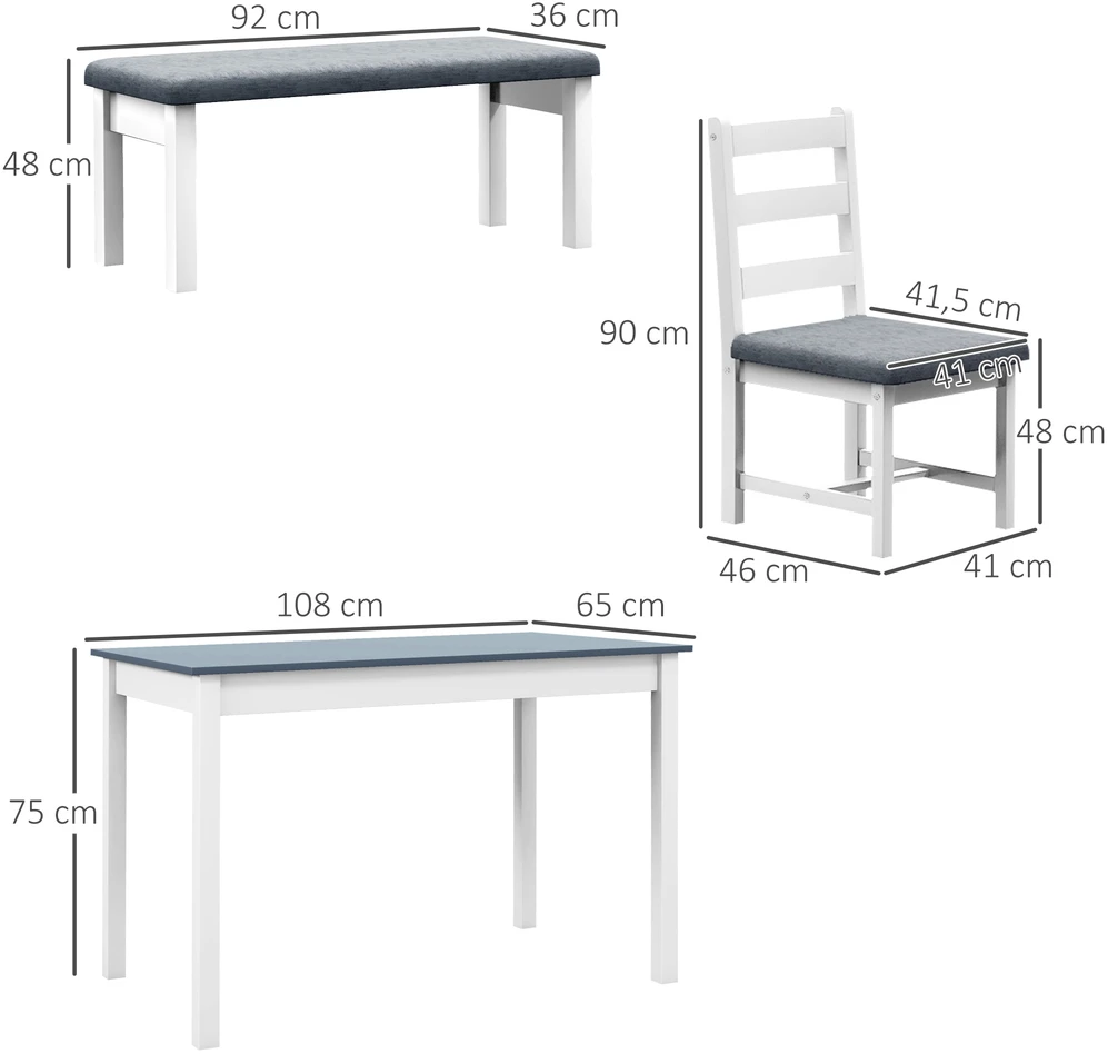 Aosom 4 dalių valgomojo komplektas, pilka + balta, 1 stalas, 1 suoliukas, 2 kėdės