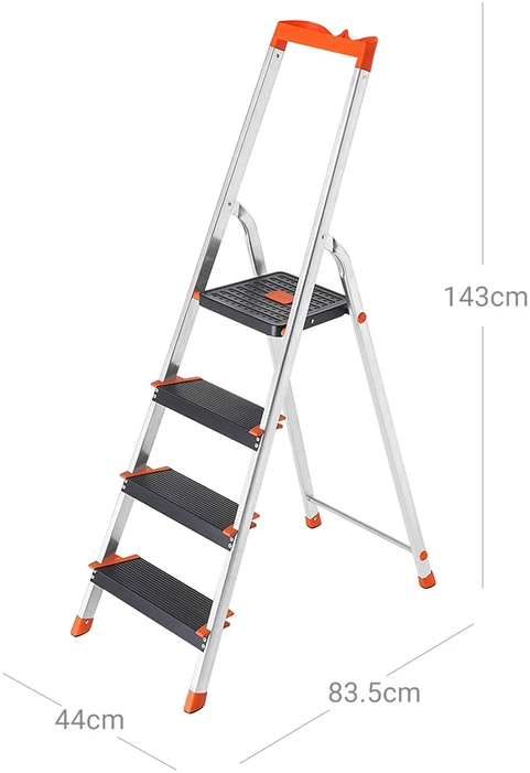 Songmics 4 pakopų kopėčios iš aliuminio, 44 x 83,5 x 143 cm, su įrankių dėklu, 150 kg