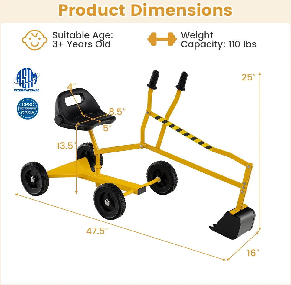 Promotion 4 ratų ekskavatorius su ergonomine atrama, geltonas