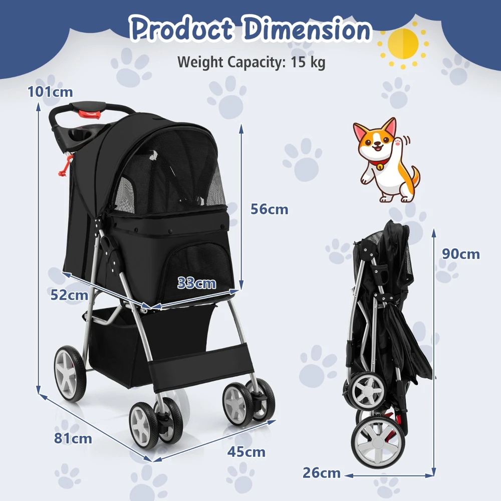 Promotion 4 ratų sulankstomas gyvūnų vežimėlis, juodas