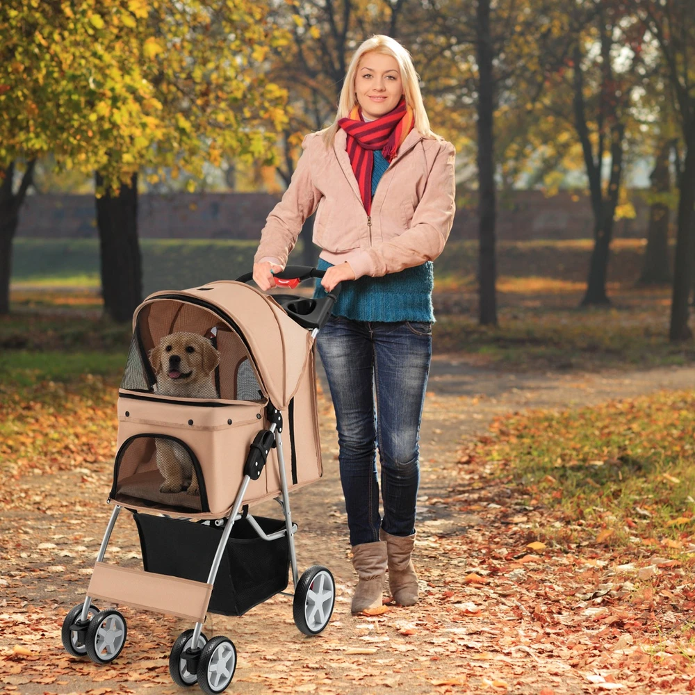 Promotion 4 ratų sulankstomas gyvūnų vežimėlis, smėlio spalvos