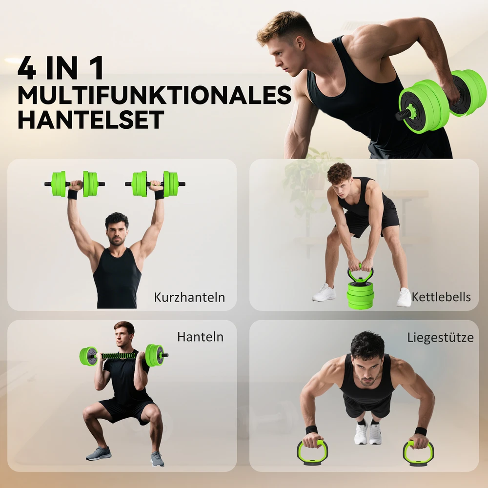 Virdulys Aosom 4 viename hantelių rinkinys 20 kg, reguliuojami trumpi ir ilgi hanteliai, kettlebell, atsispaudimo rankenos, žalia