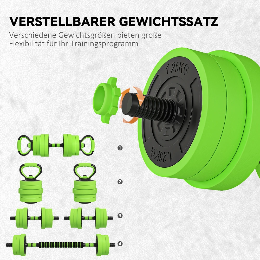 Virdulys Aosom 4 viename hantelių rinkinys 20 kg, reguliuojami trumpi ir ilgi hanteliai, kettlebell, atsispaudimo rankenos, žalia