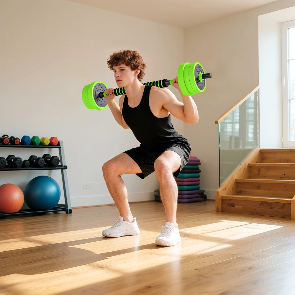 Virdulys Aosom 4 viename hantelių rinkinys 20 kg, reguliuojami trumpi ir ilgi hanteliai, kettlebell, atsispaudimo rankenos, žalia