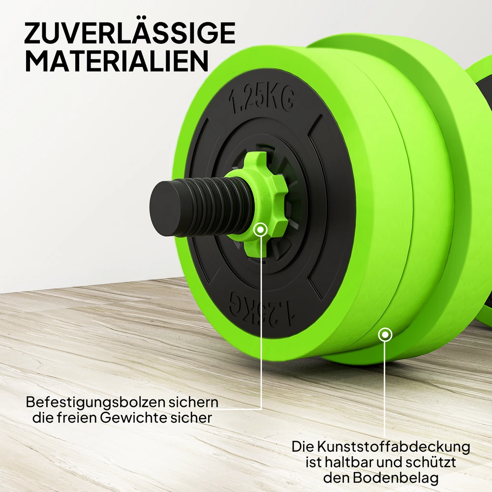 Virdulys Aosom 4 viename hantelių rinkinys 20 kg, reguliuojami trumpi ir ilgi hanteliai, kettlebell, atsispaudimo rankenos, žalia