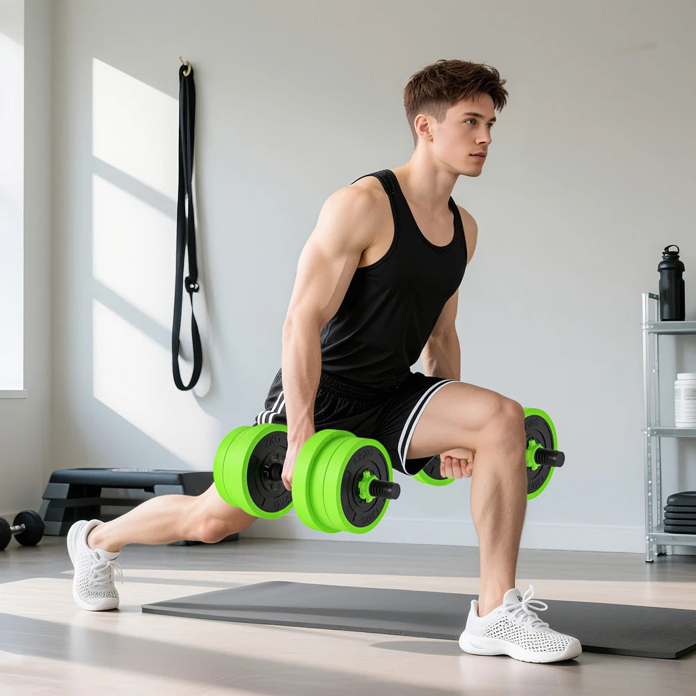 Virdulys Aosom 4 viename hantelių rinkinys 20 kg, reguliuojami trumpi ir ilgi hanteliai, kettlebell, atsispaudimo rankenos, žalia