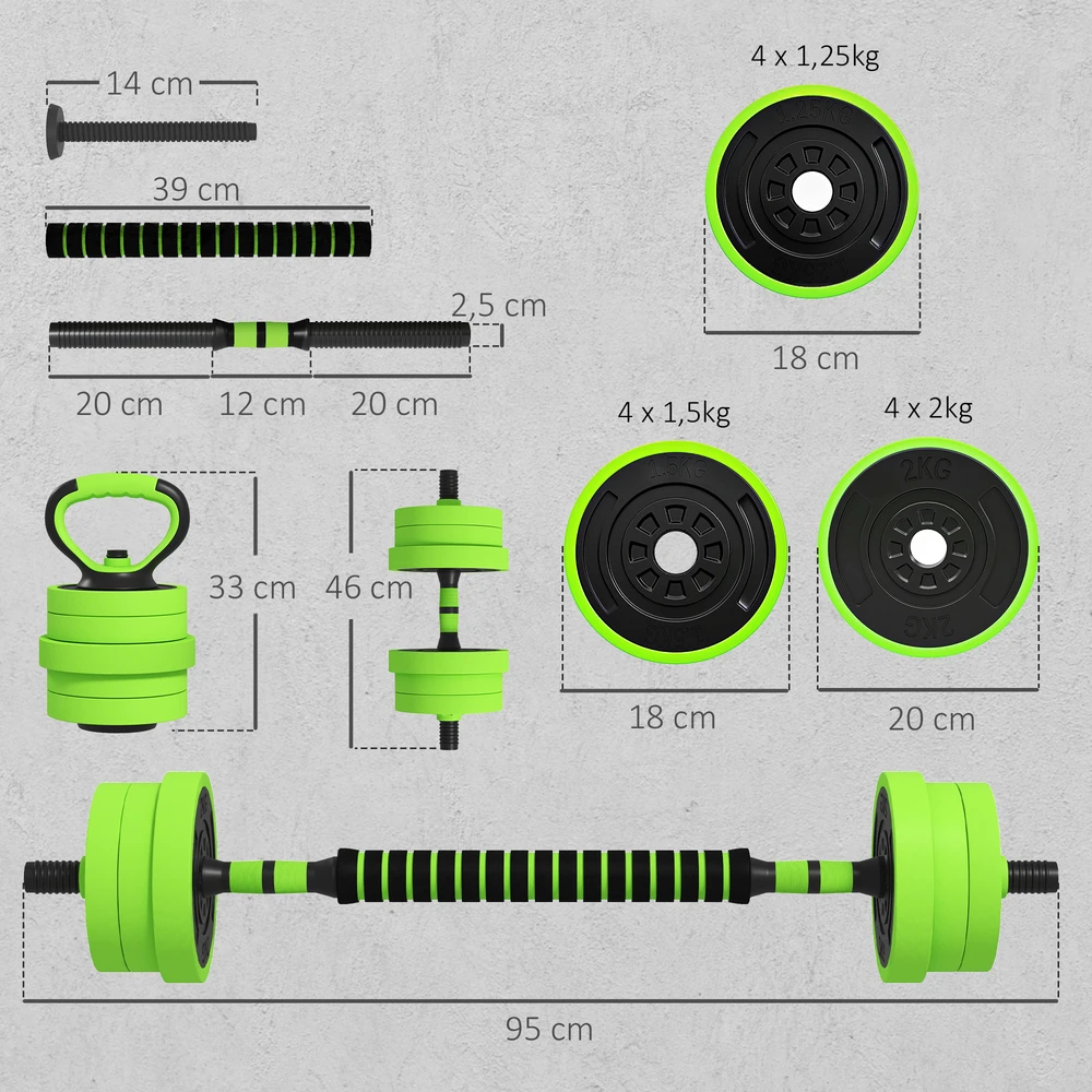 Virdulys Aosom 4 viename hantelių rinkinys 20 kg, reguliuojami trumpi ir ilgi hanteliai, kettlebell, atsispaudimo rankenos, žalia