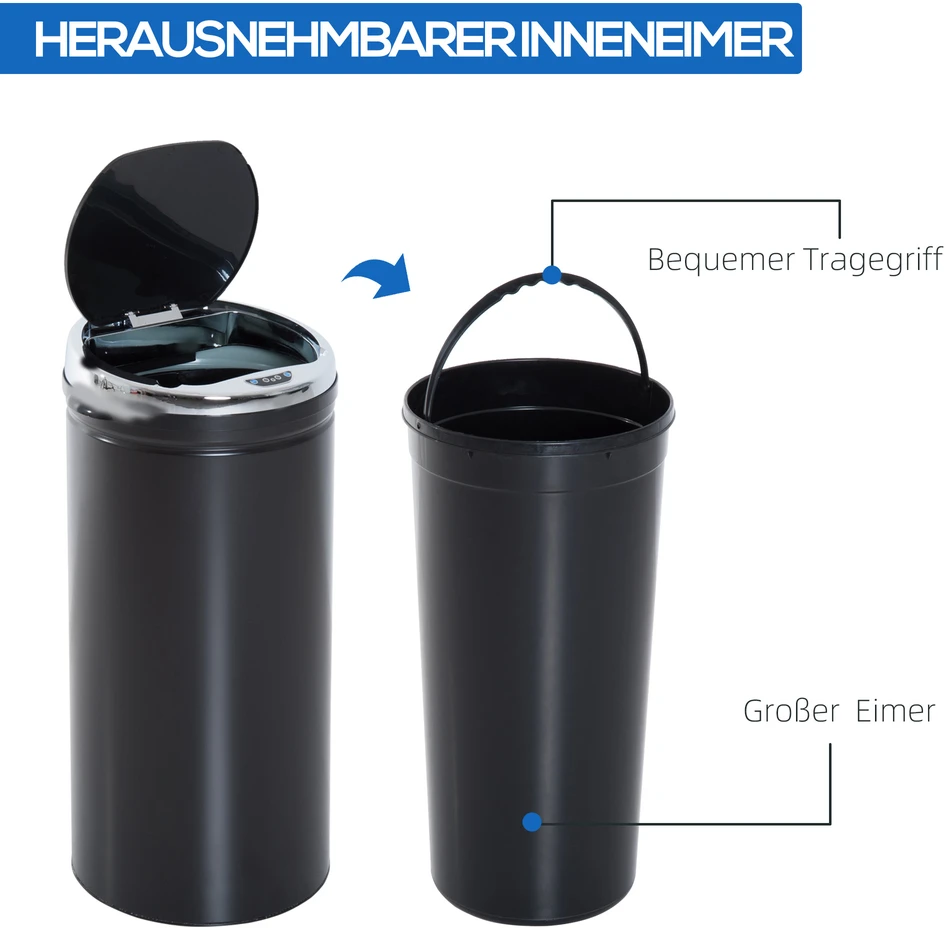 Aosom 42 l sensorinė šiukšliadėžė, automatinė, juoda, nerūdijančio metalo