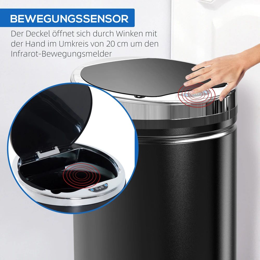 Aosom 42 l sensorinė šiukšliadėžė, automatinė, juoda, nerūdijančio metalo
