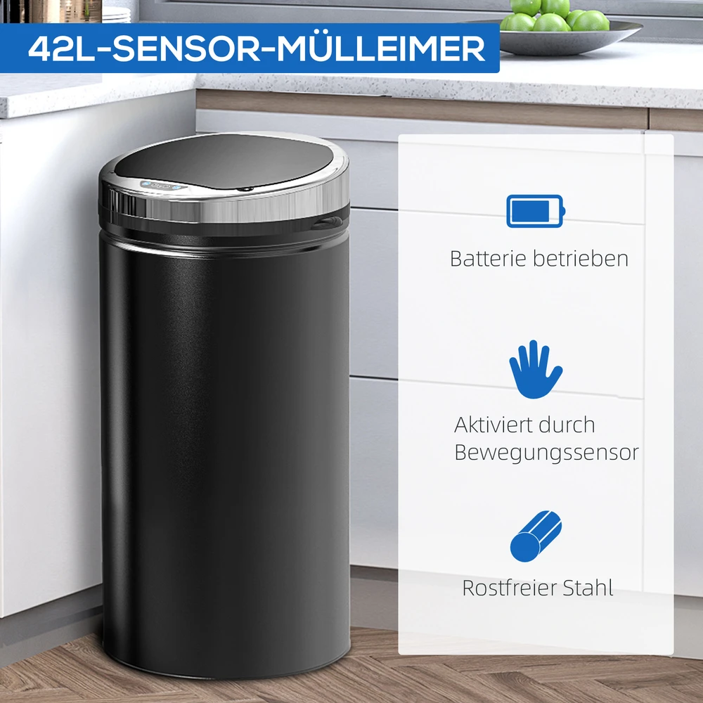 Aosom 42 l sensorinė šiukšliadėžė, automatinė, juoda, nerūdijančio metalo