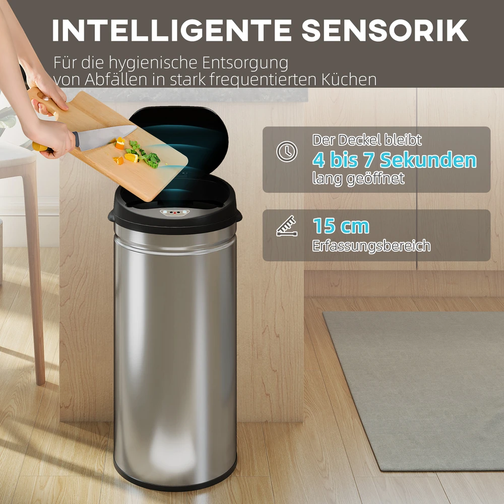 Aosom 42 l sensorinė šiukšliadėžė su minkšto uždarymo funkcija, nerūdijančio plieno, sidabrinė / juoda