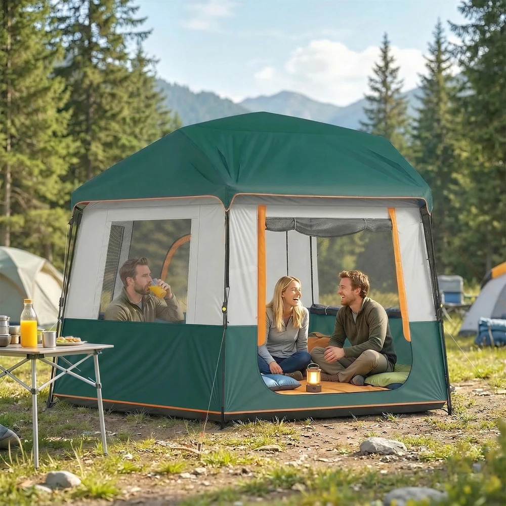 Aosom 4–6 vietų camping palapinė, žalia, 350 x 350 x 205 cm