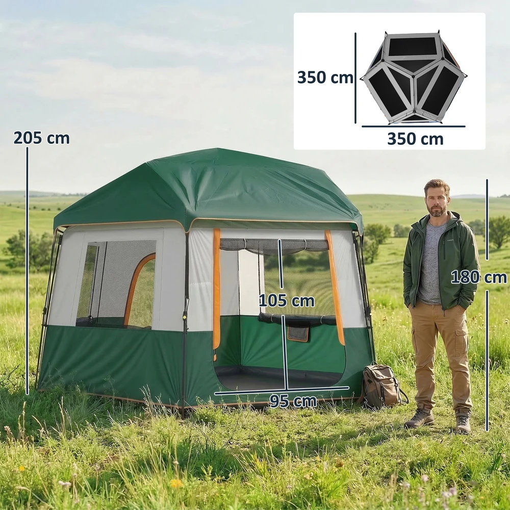 Aosom 4–6 vietų camping palapinė, žalia, 350 x 350 x 205 cm