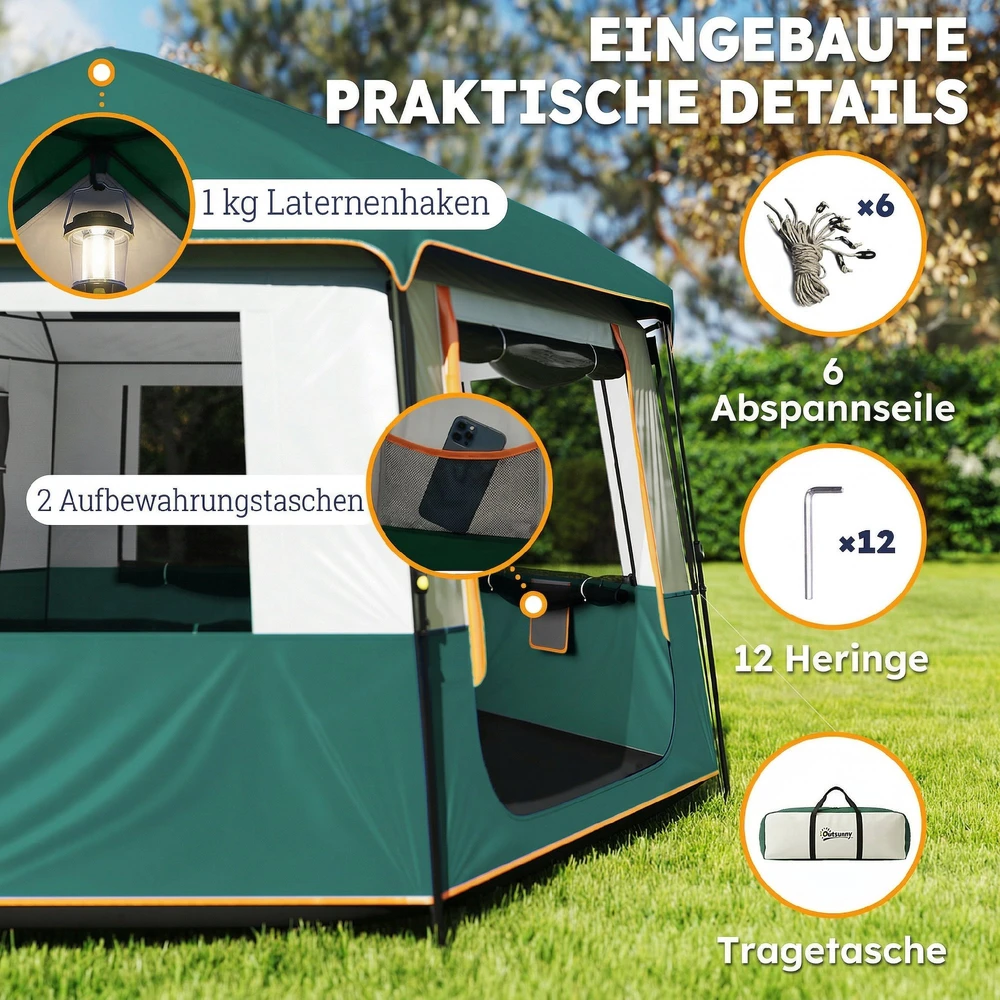 Aosom 4–6 vietų camping palapinė, žalia, 350 x 350 x 205 cm