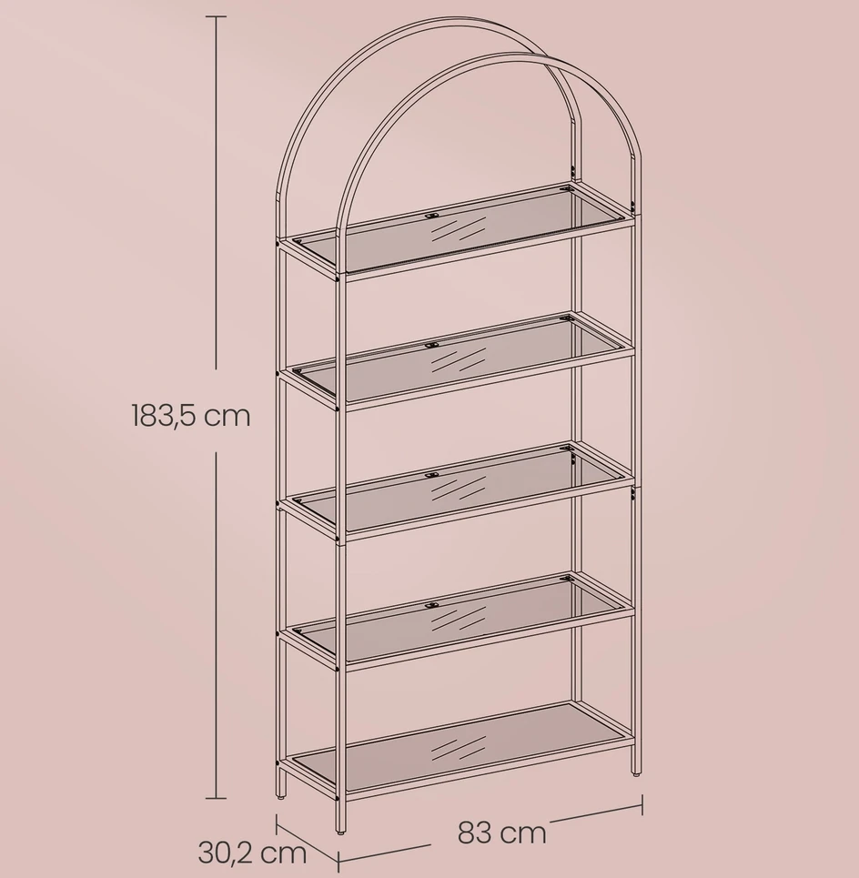 Songmics 5 aukštų knygų lentyna iš grūdinto stiklo ir plieno, 30,2 x 83 x 183,5 cm, aukso spalvos