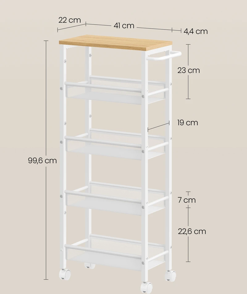 Songmics 5 aukštų mobilus vežimėlis su ratukais, 22 x 45,4 x 99,6 cm, ąžuolo spalvos-baltas