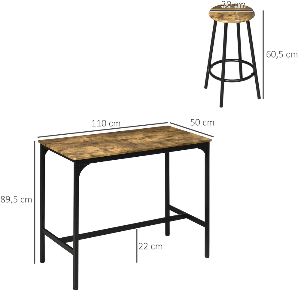 Koduva 5 dalių baro stalo komplektas, industrinis dizainas, rustic ruda, 110 x 50 x 89,5 cm
