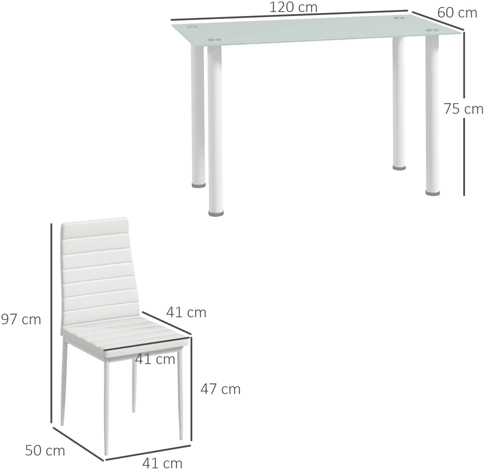 Aosom 5 dalių valgomojo komplektas, 1 stalas ir 4 kėdės, baltas, stiklinis