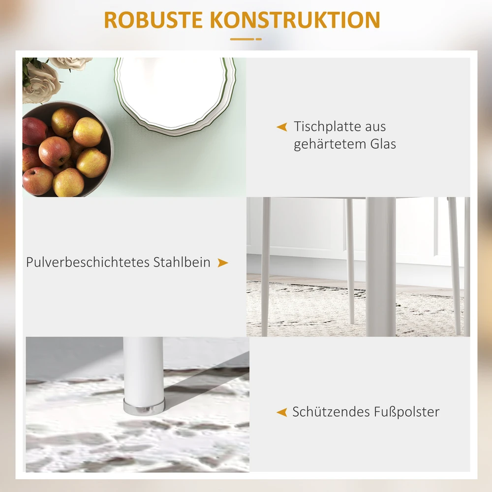 Aosom 5 dalių valgomojo komplektas, 1 stalas ir 4 kėdės, baltas, stiklinis