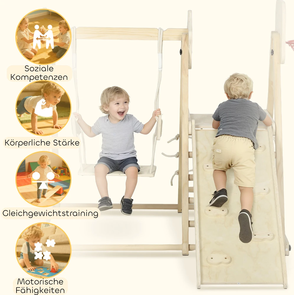 Sofa Aosom 5-in-1 vidinė laipiojimo konstrukcija su čiuožykla, sūpynėmis, krepšiu ir tinklu, sulankstoma, natūralaus medžio, 3–6 metų