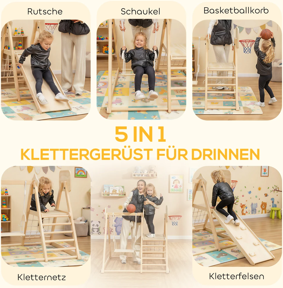 Sofa Aosom 5-in-1 vidinė laipiojimo konstrukcija su čiuožykla, sūpynėmis, krepšiu ir tinklu, sulankstoma, natūralaus medžio, 3–6 metų