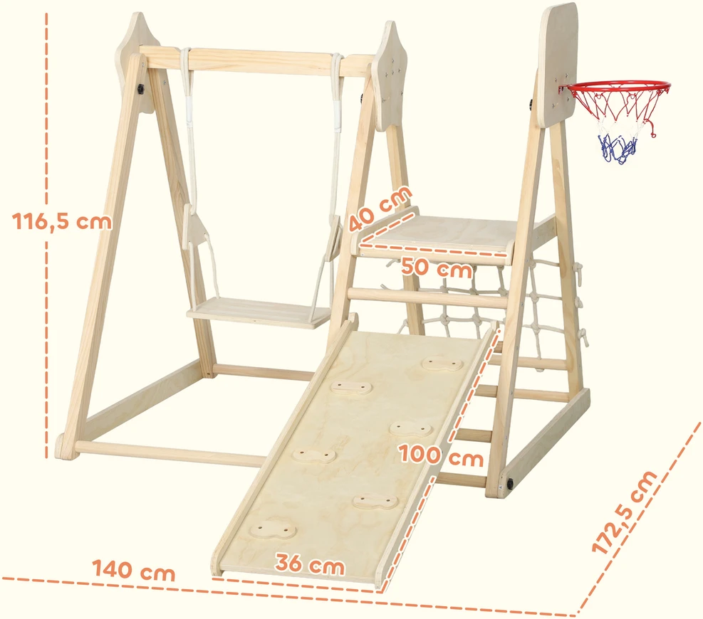 Sofa Aosom 5-in-1 vidinė laipiojimo konstrukcija su čiuožykla, sūpynėmis, krepšiu ir tinklu, sulankstoma, natūralaus medžio, 3–6 metų