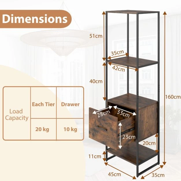Promotion 5 lentynų siauras knygų spintelės su stalčiumi, Rustic Brown