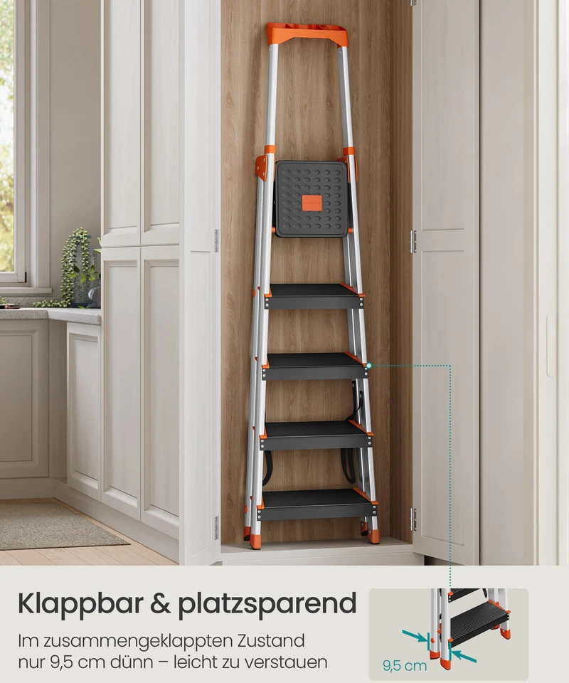 Songmics 5 pakopų kopėčios, sulankstomos, aliuminio ir plastiko, 46 x 100 x 164 cm, 150 kg