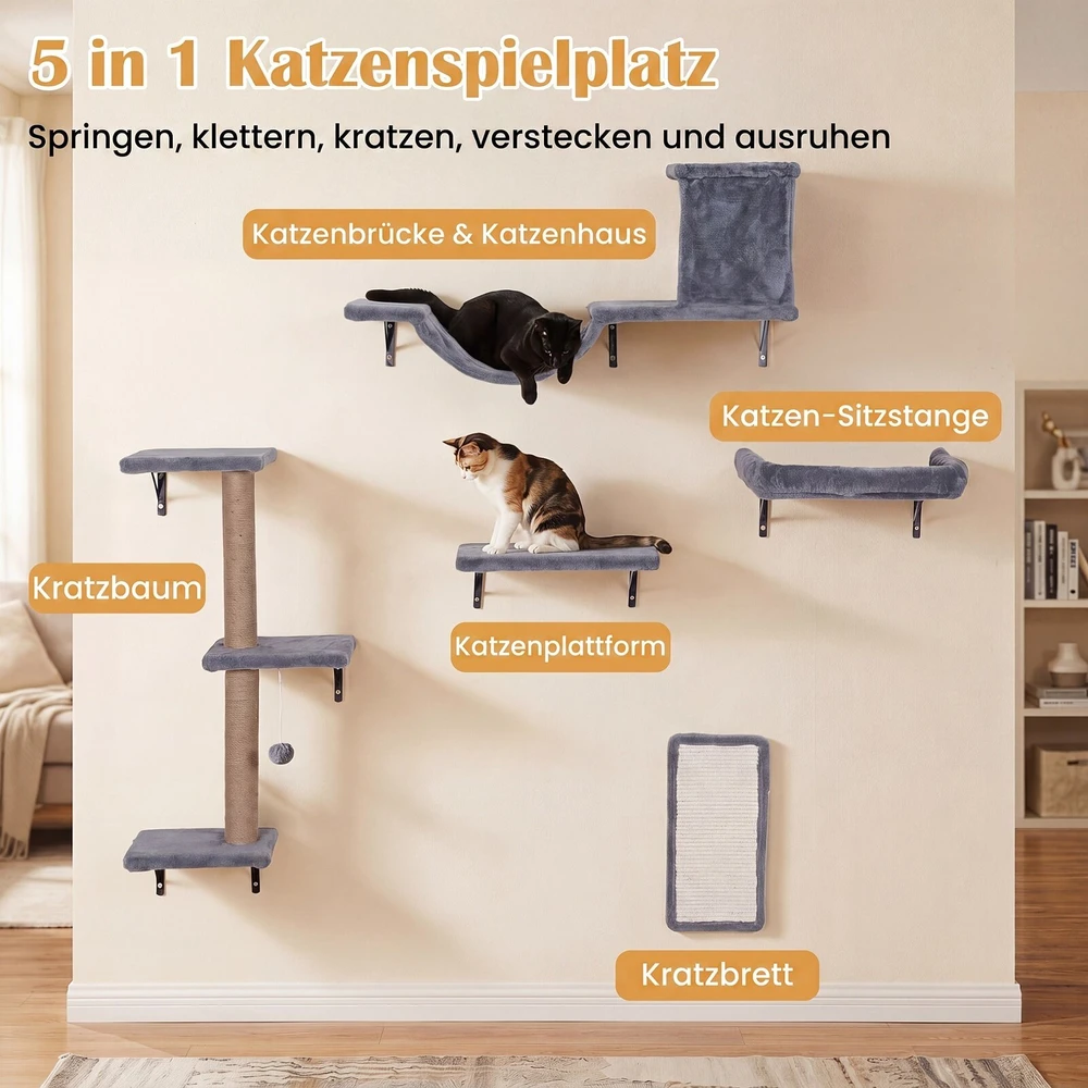 Promotion 5 viename sieninė kačių draskyklė su nameliu ir tilteliu, pilka