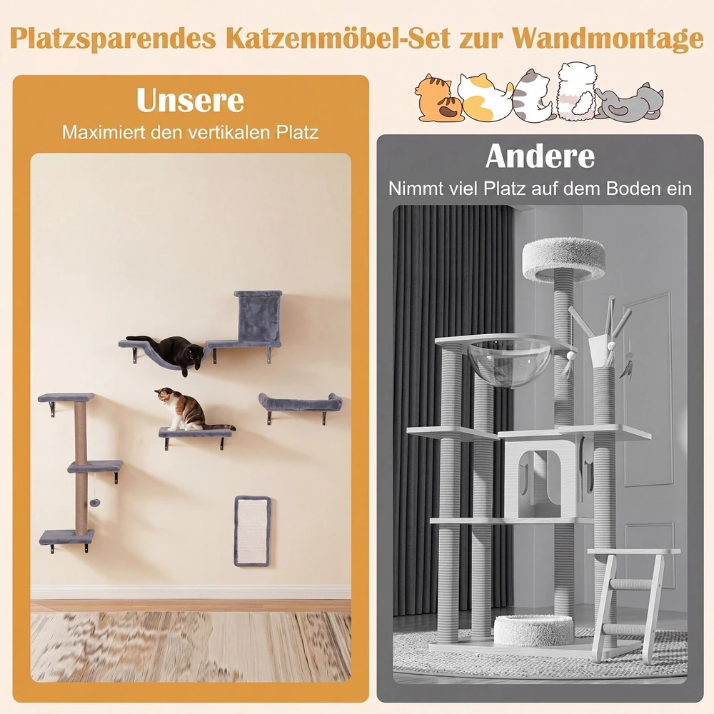 Promotion 5 viename sieninė kačių draskyklė su nameliu ir tilteliu, pilka