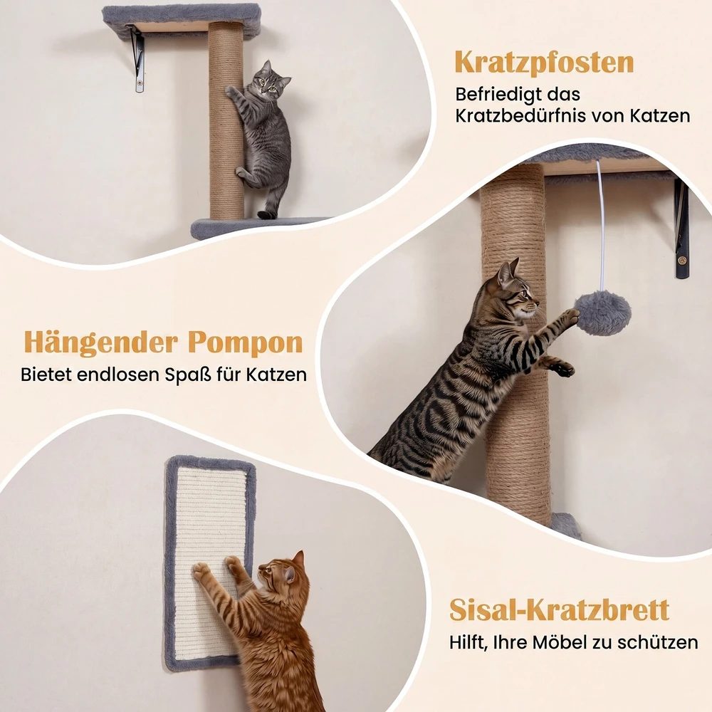 Promotion 5 viename sieninė kačių draskyklė su nameliu ir tilteliu, pilka