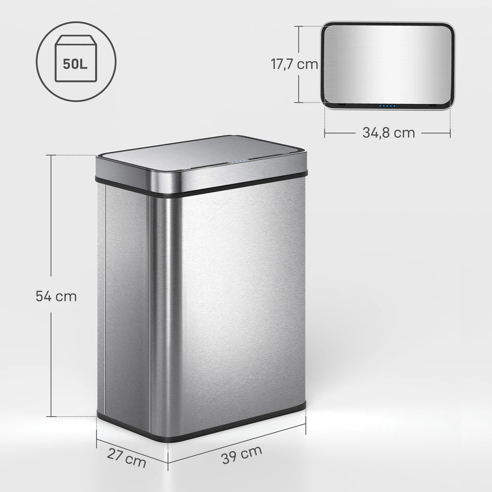 Aosom 50 l sensorinė šiukšliadėžė, automatinis dangtis, nerūdijantis plienas, sidabrinė