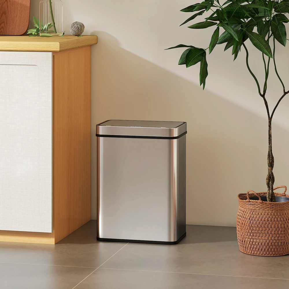 Aosom 50 l sensorinė šiukšliadėžė, automatinis dangtis, nerūdijantis plienas, sidabrinė