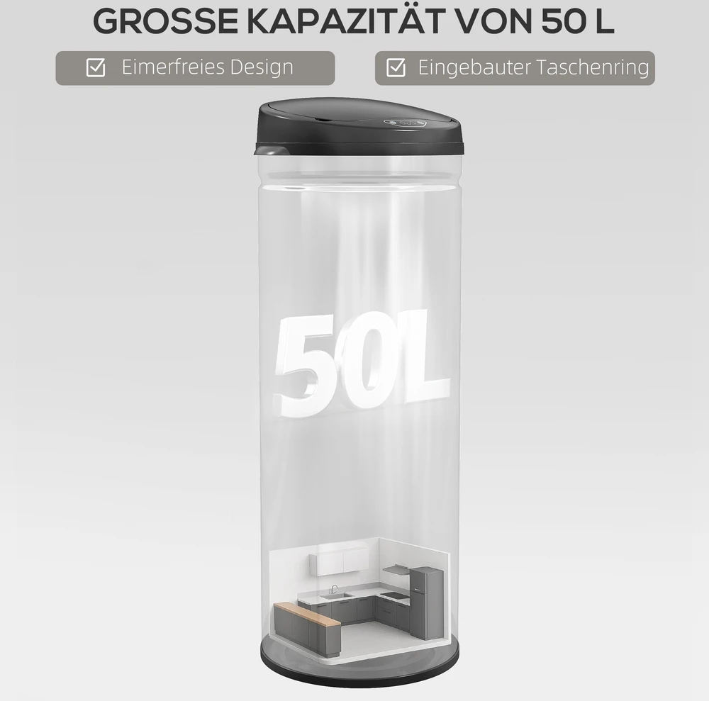 Aosom 50 l sensorinė šiukšliadėžė su minkšto uždarymo funkcija, nerūdijančio plieno, sidabrinė
