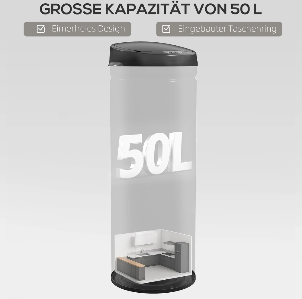 Aosom 50 l sensorinė šiukšliadėžė su soft-close funkcija, juoda, nerūdijančio plieno