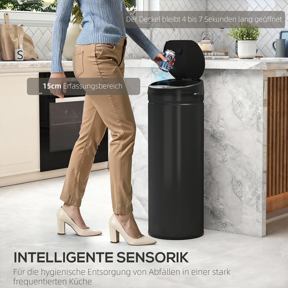 Aosom 50 l sensorinė šiukšliadėžė su soft-close funkcija, juoda, nerūdijančio plieno