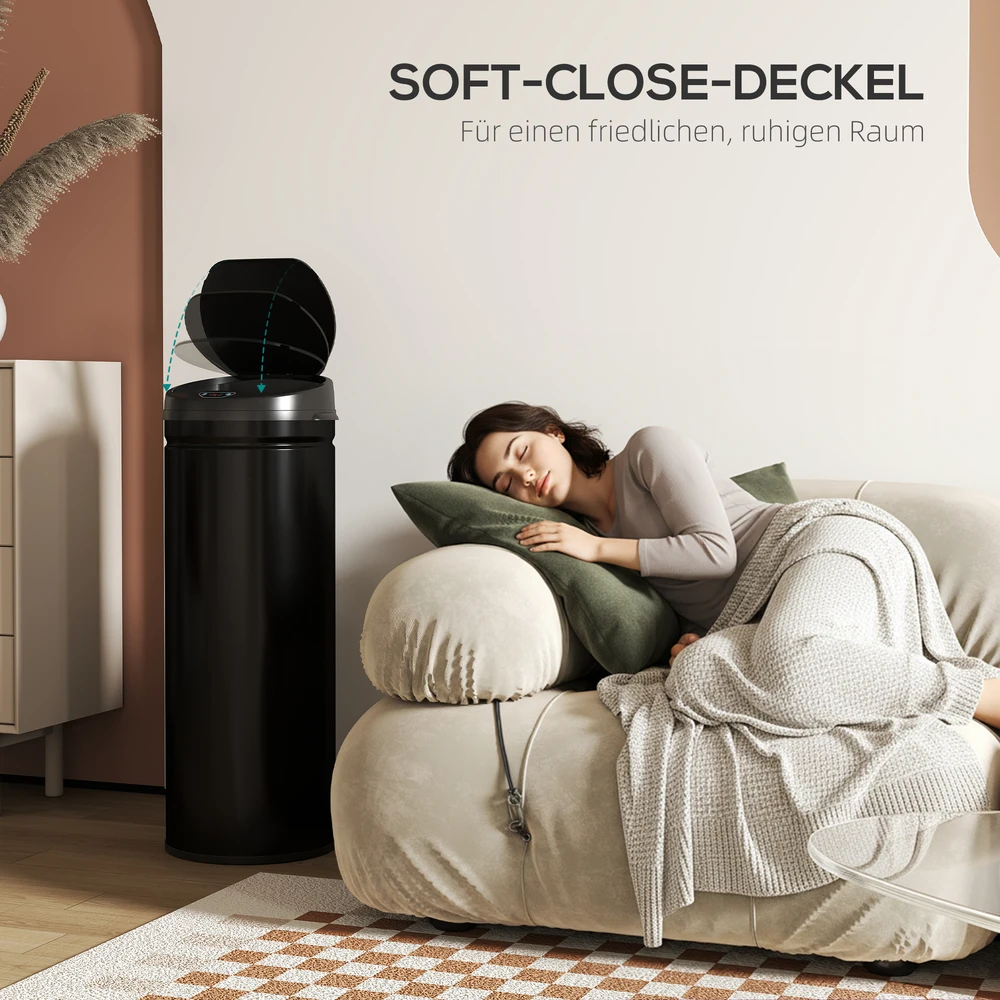 Aosom 50 l sensorinė šiukšliadėžė su soft-close funkcija, juoda, nerūdijančio plieno